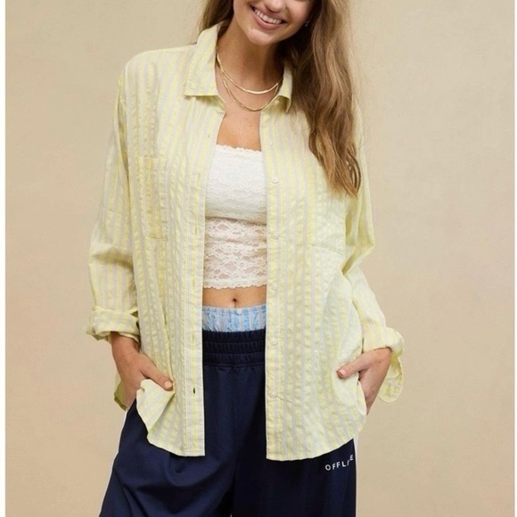 aerie Tops - Aerie XL Off Duty Seersucker Button Down Shirt Butter Yellow Blue Stripe